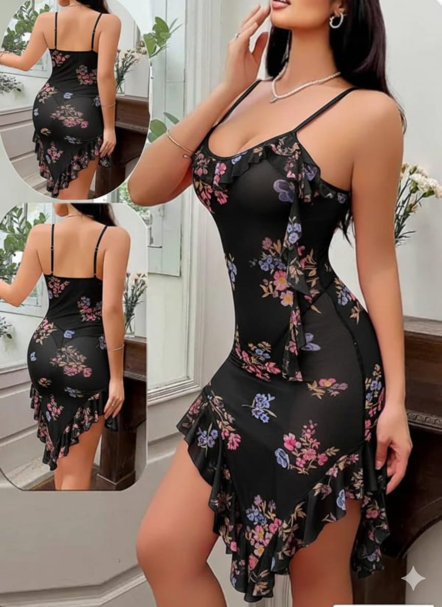 Black Floral Bodycon Dress with Ruffle Hem