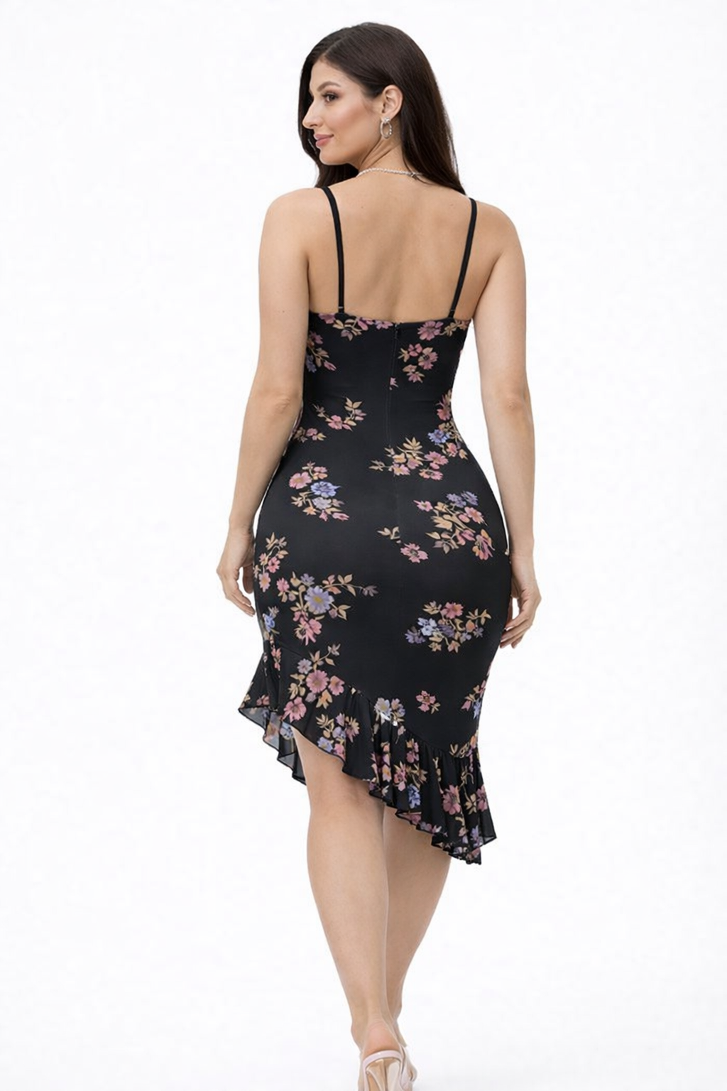 Black Floral Bodycon Dress with Ruffle Hem