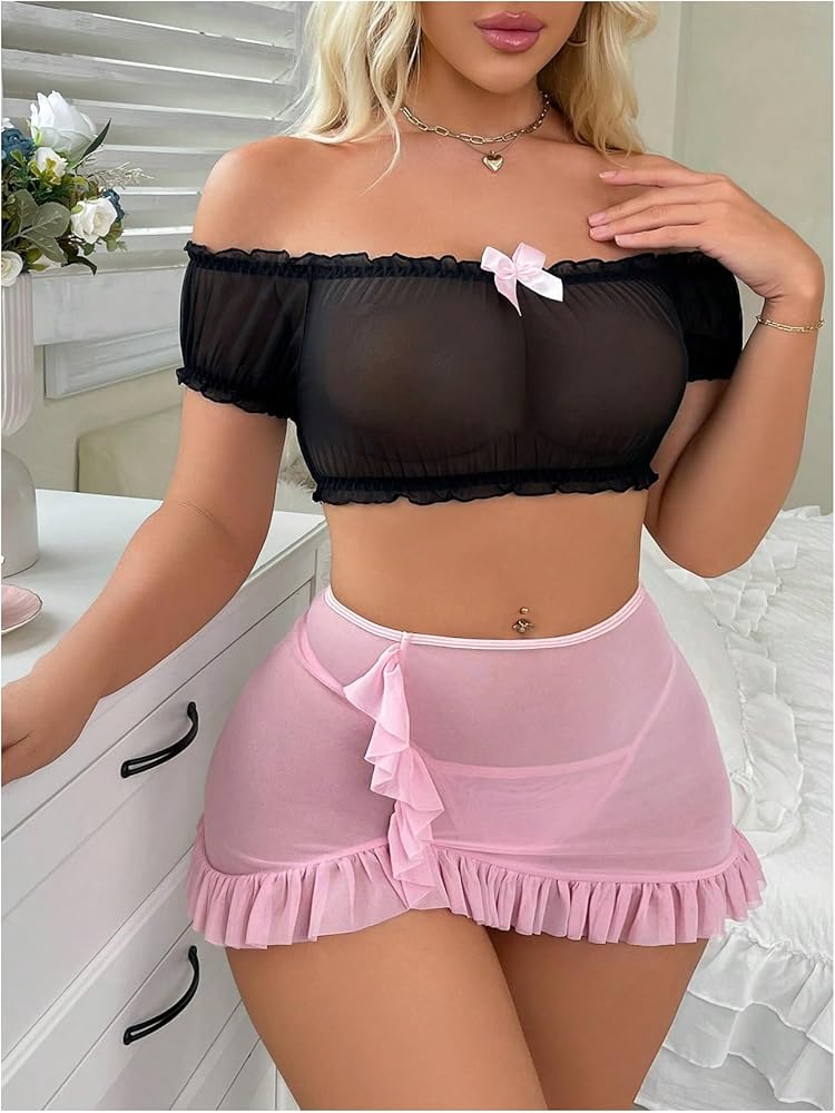 Black Mesh Off-Shoulder Top & Baby Pink skirt Lingerie Set