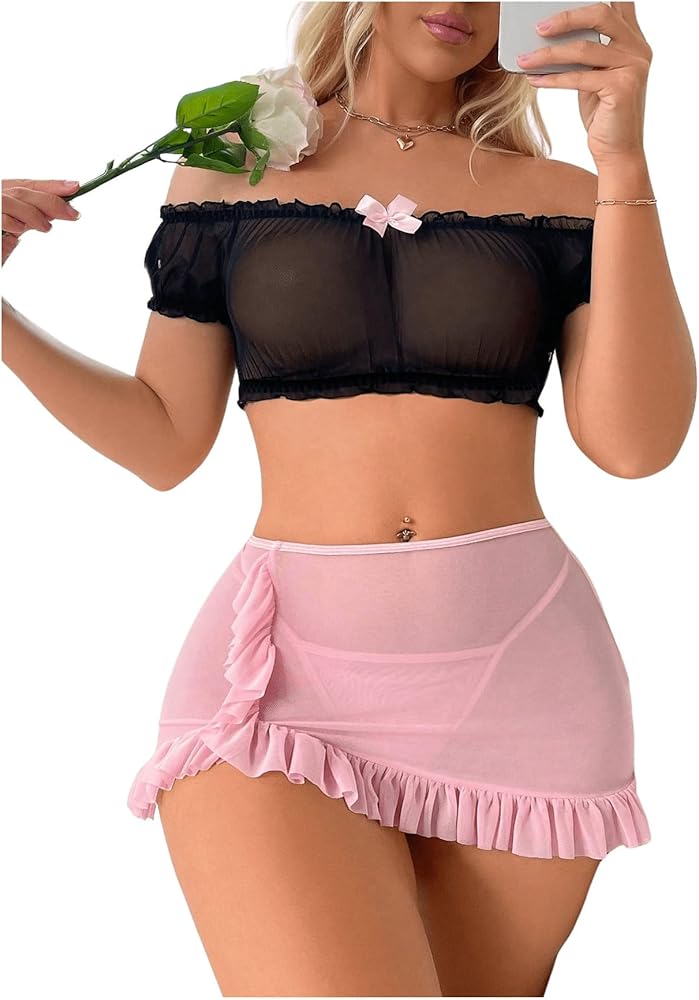 Black Mesh Off-Shoulder Top & Baby Pink skirt Lingerie Set