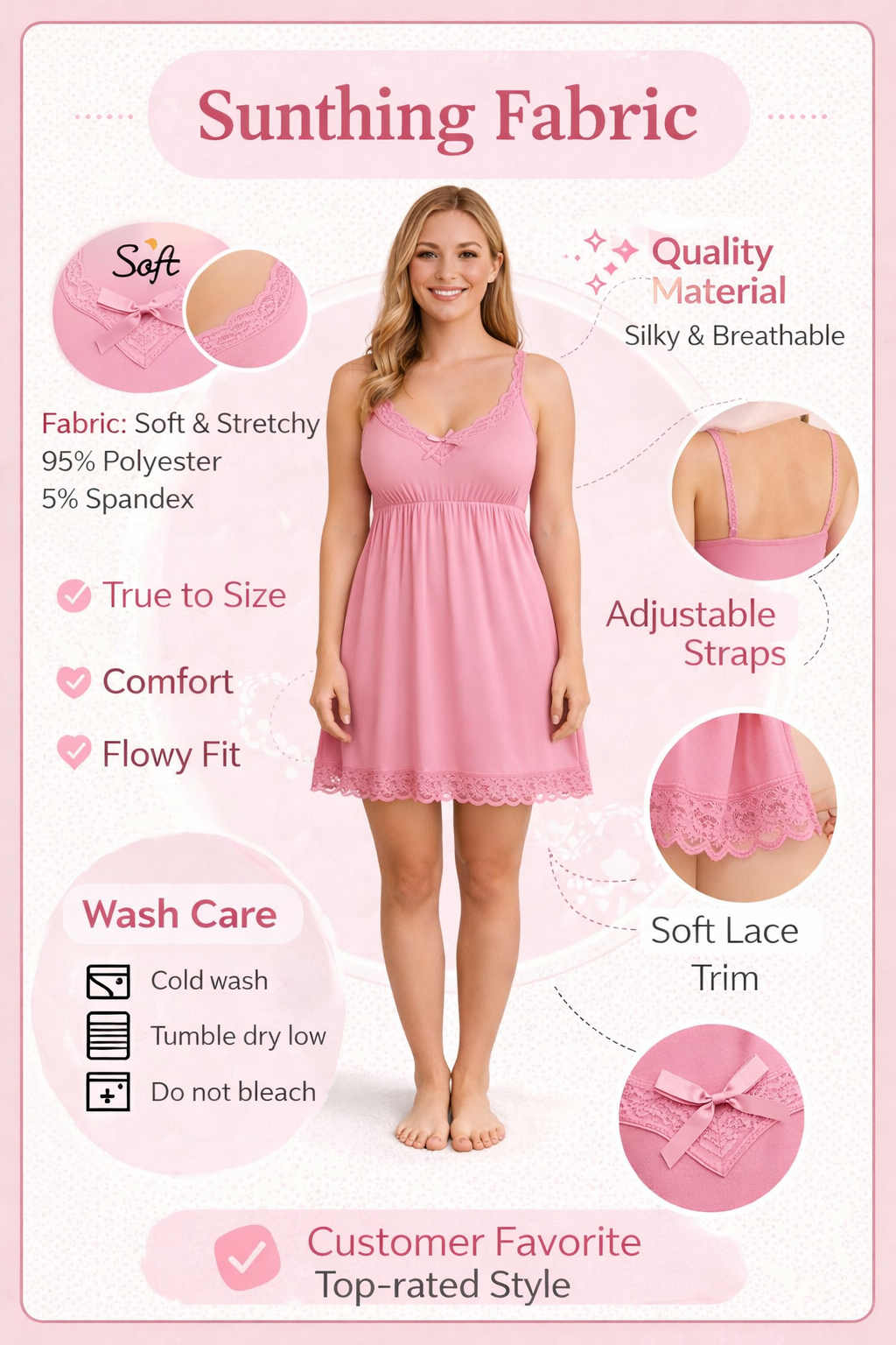 Elegant Lace Pink Babydoll Night Dress
