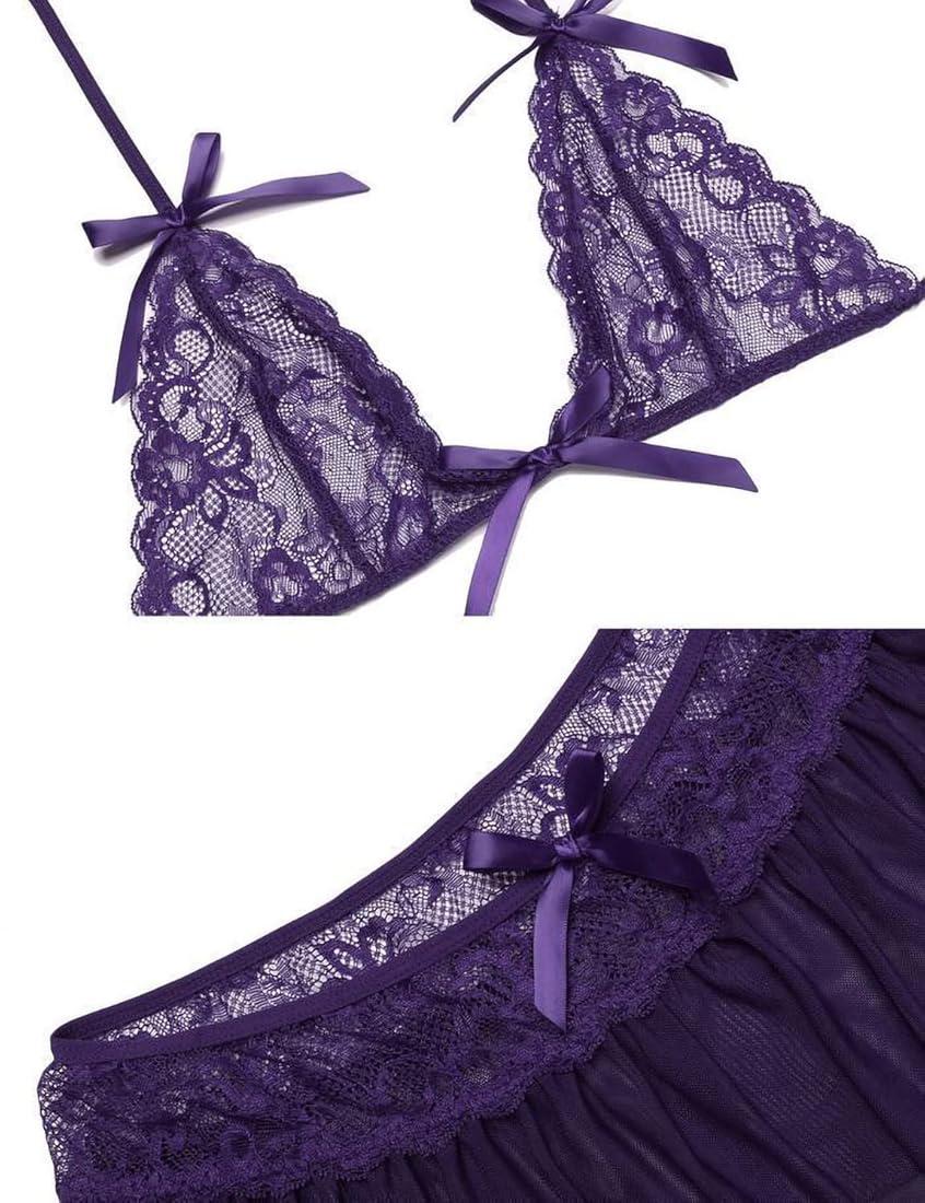 Purple Mini Chemise Babydoll Lingerie Set For Women
