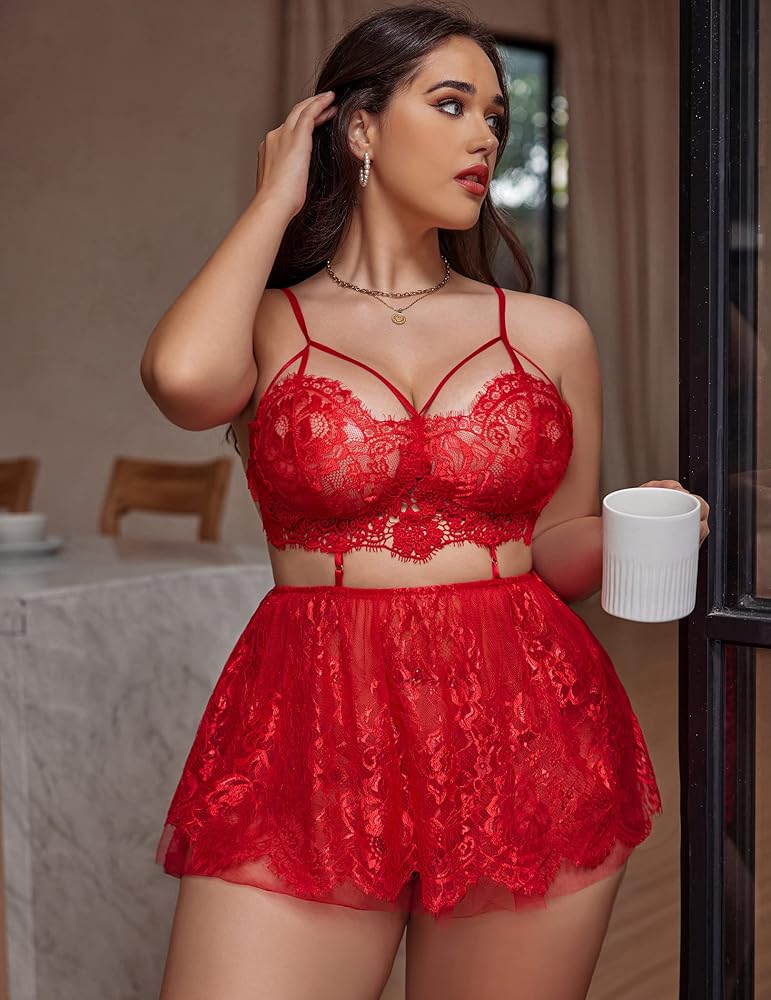 Red Curvy Babydoll Lingerie Set For Women