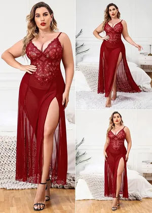 Maroon Long Gown Babydoll Set For Women