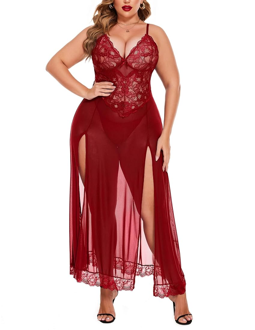 Maroon Long Gown Babydoll Set For Women