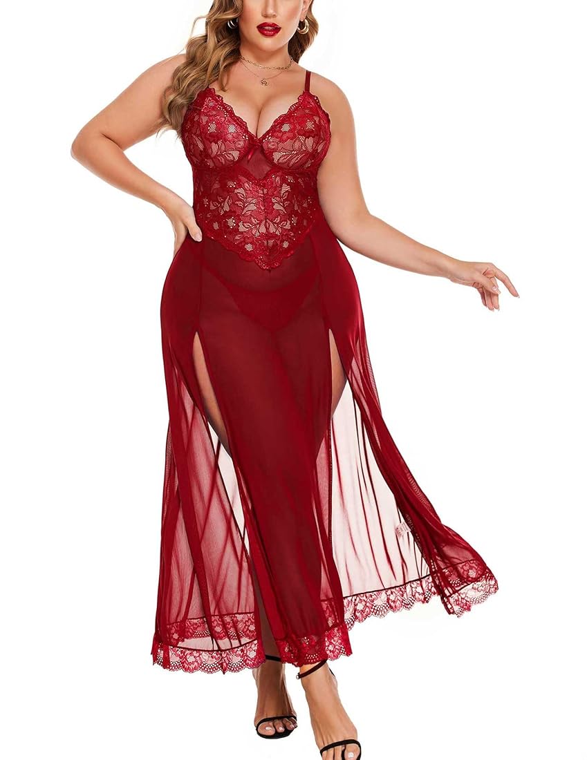 Maroon Long Gown Babydoll Set For Women