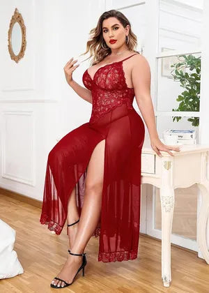 Maroon Long Gown Babydoll Set For Women