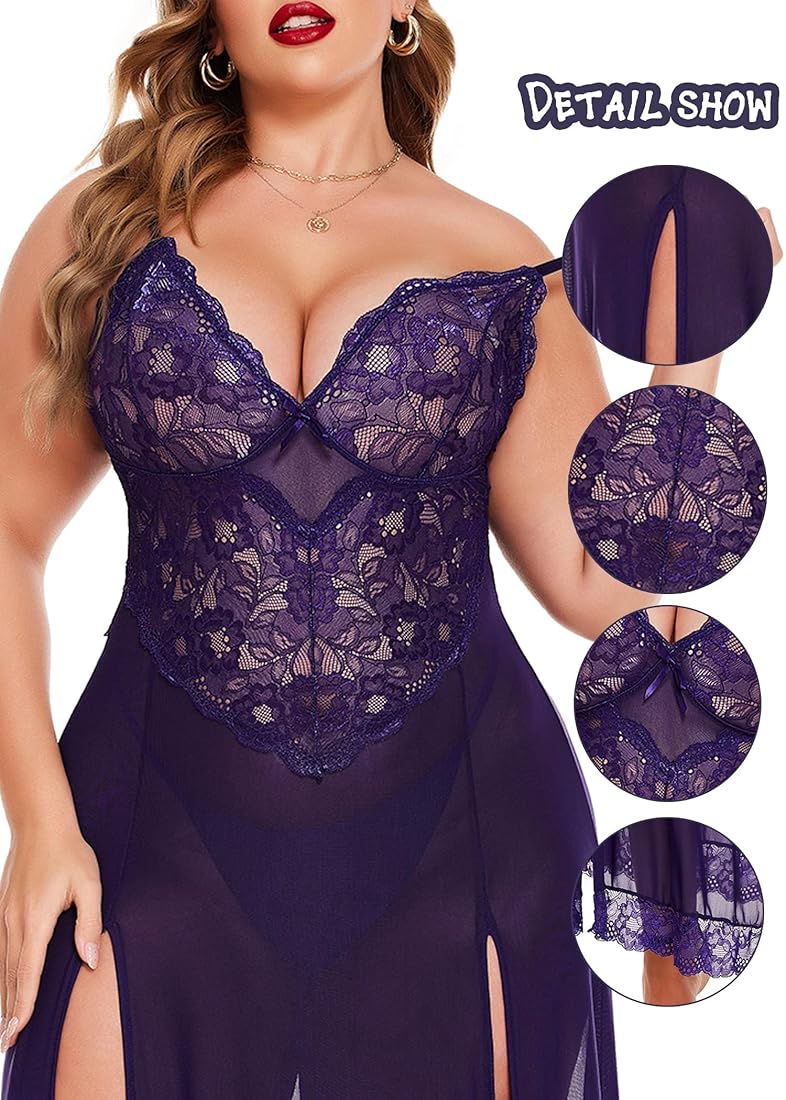 Navy Blue Long Gown Babydoll Lingerie Set For Women