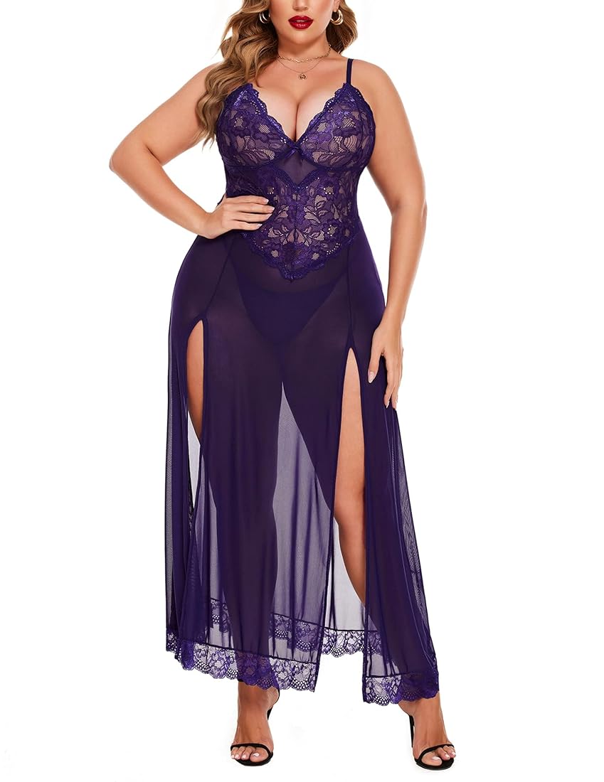 Navy Blue Long Gown Babydoll Lingerie Set For Women
