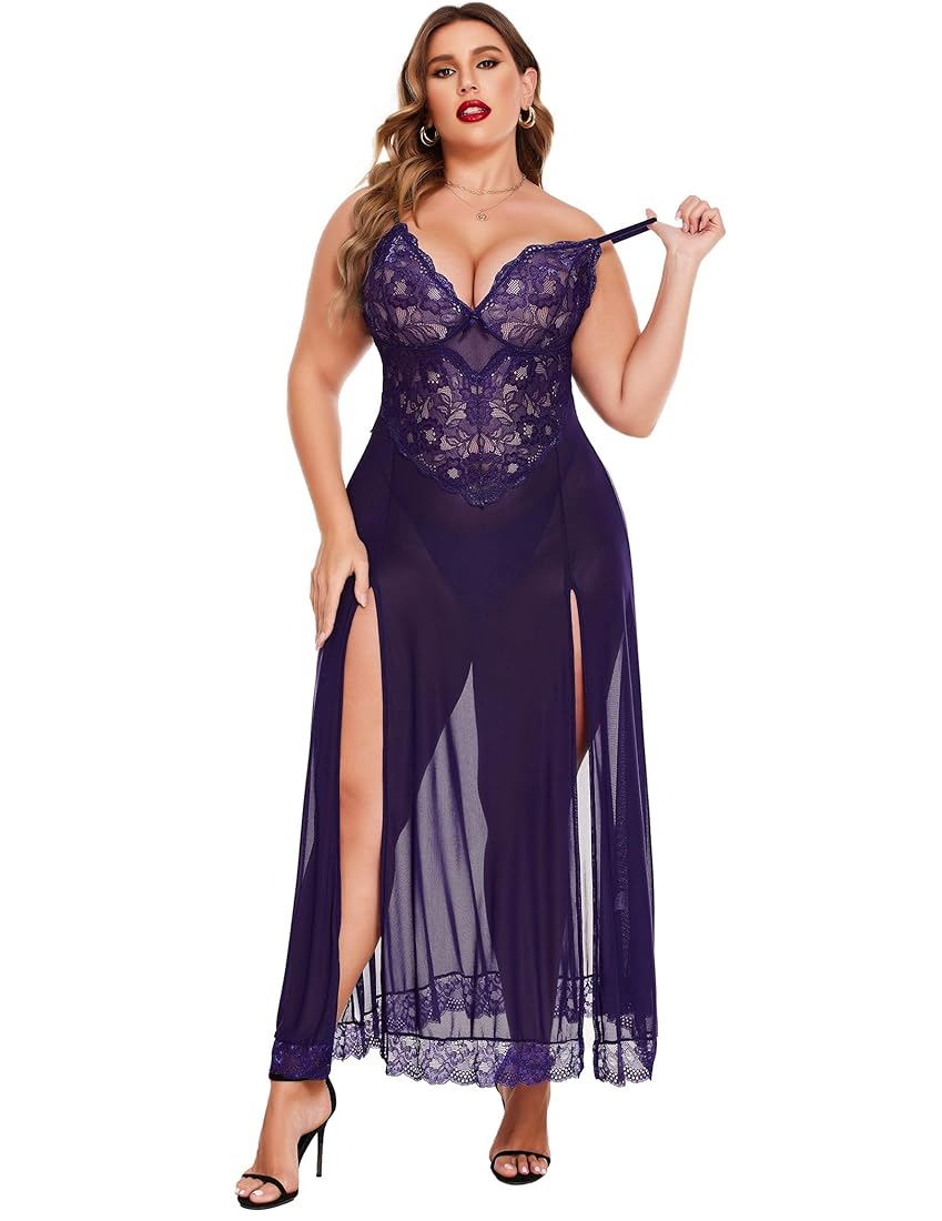 Navy Blue Long Gown Babydoll Lingerie Set For Women