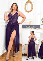 Navy Blue Long Gown Babydoll Lingerie Set For Women