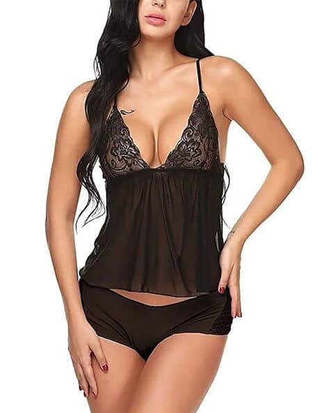 Black Lacely Cami Lingerie Set For Women