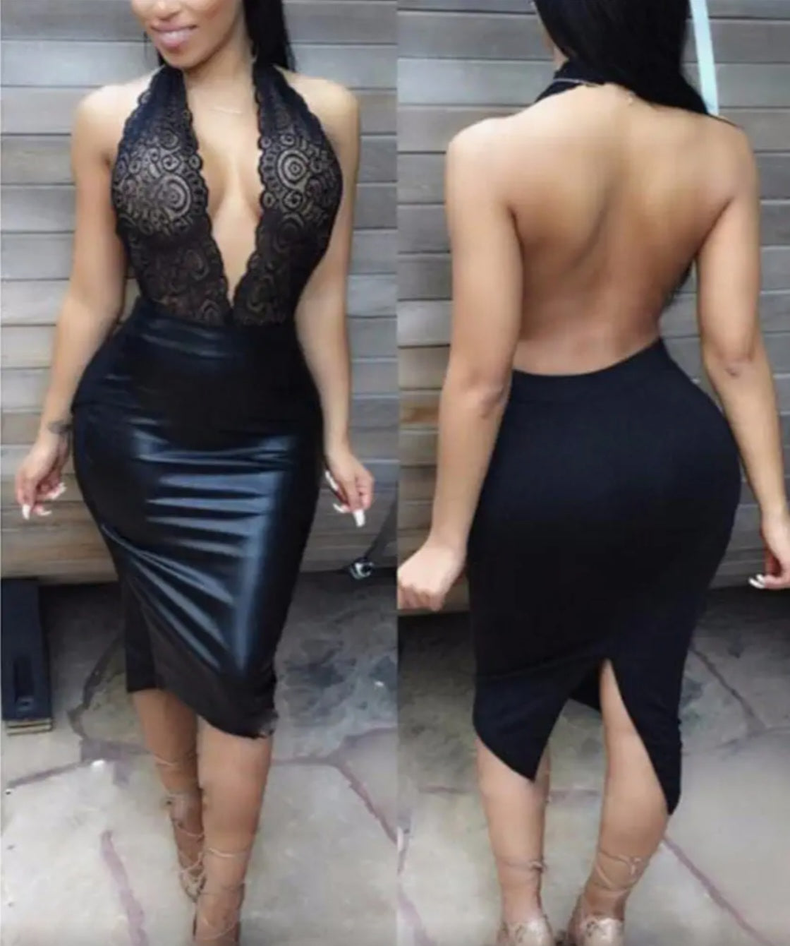 Lace Halter & Faux Leather Bodycon Midi Dress Set