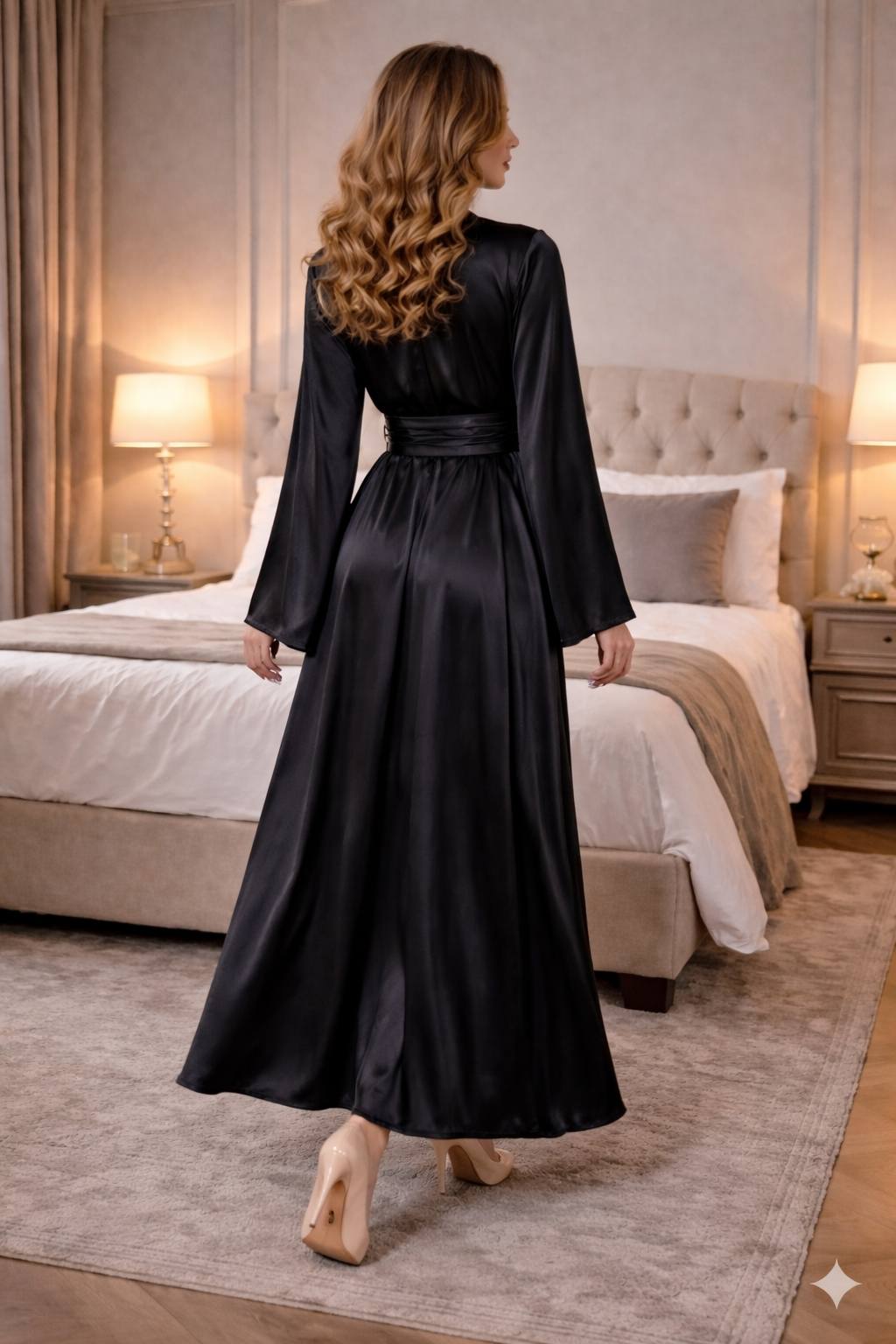 Midnight Luxe Black Satin Robe Dress