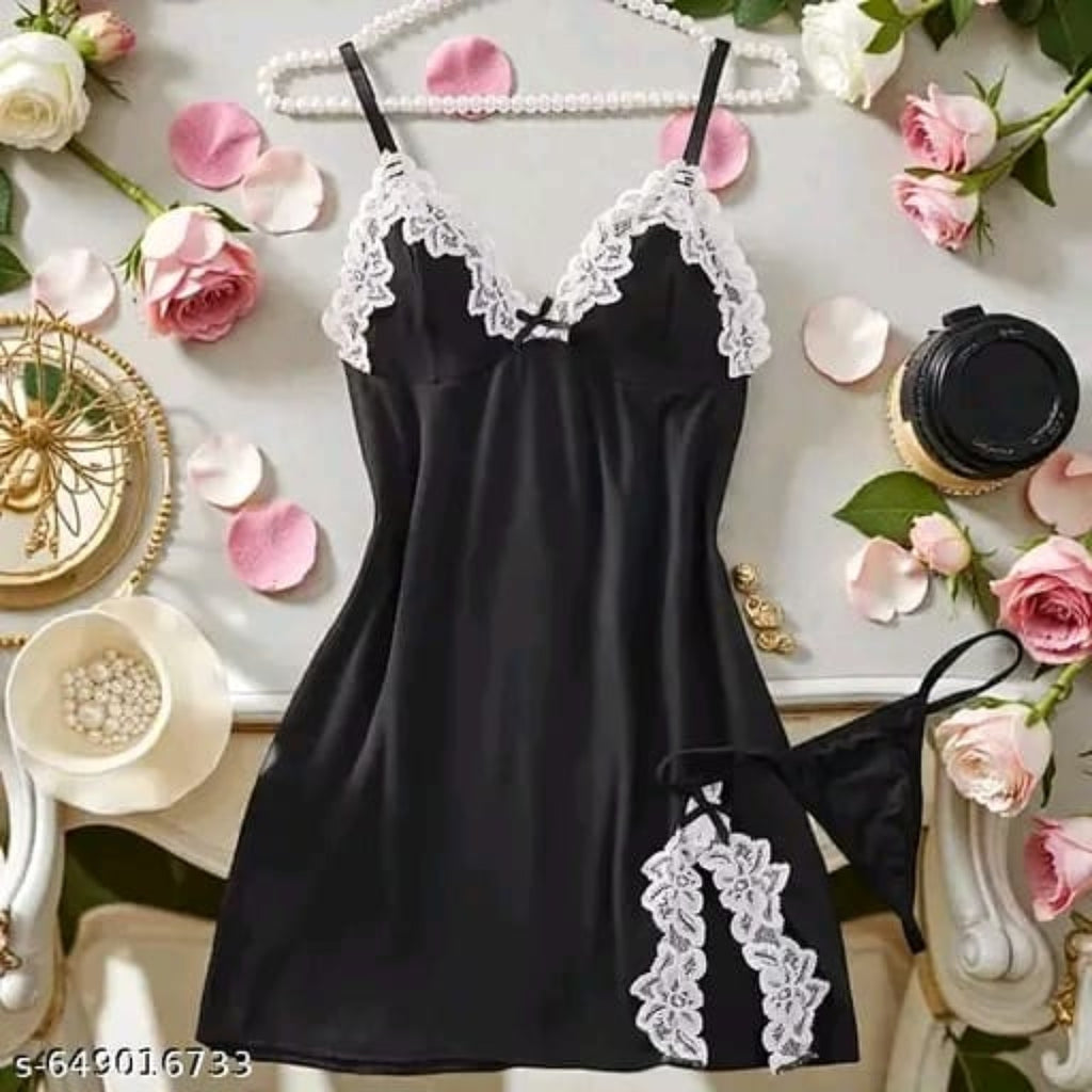 Noir Satin Lace-Trim Bodycon Dress
