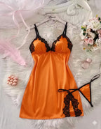 Orange Satin Lace Nightwear Dress for Women