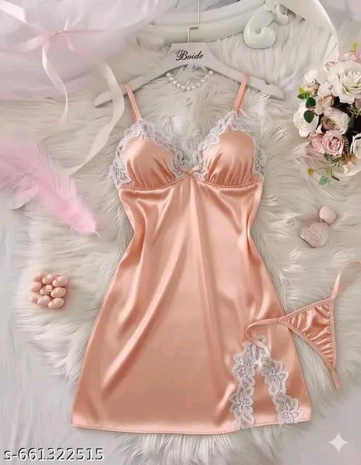 Peach Satin Lace-Trim Bodycon Dress