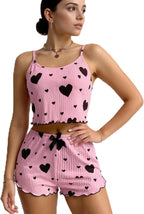 Pink Heart Print Co-Ord Set for Women (Crop Top & Shorts)