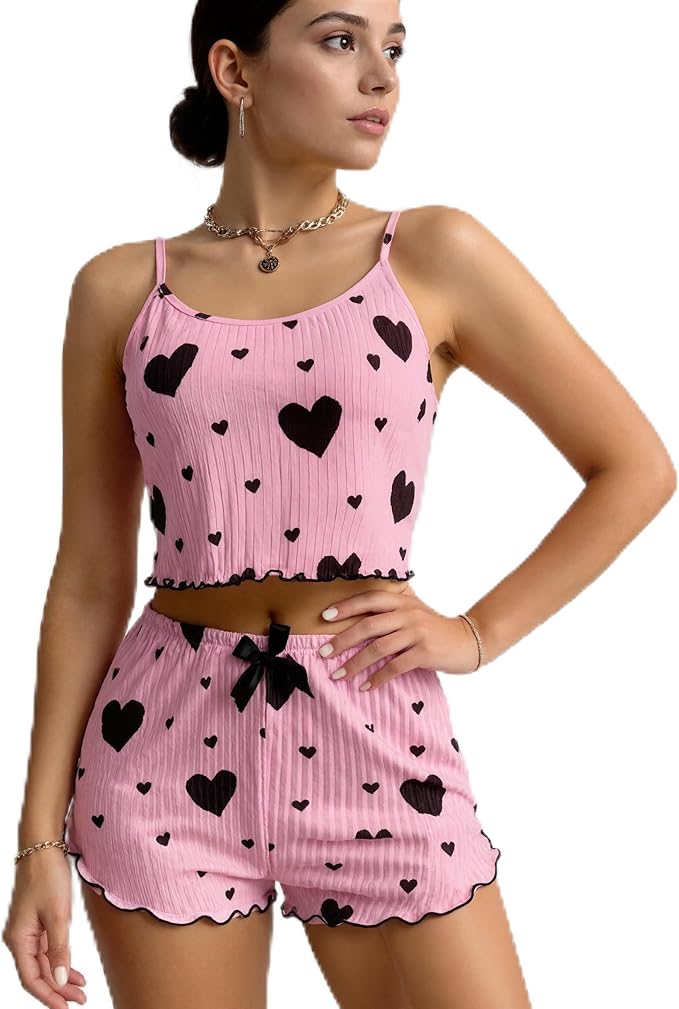 Pink Heart Print Co-Ord Set for Women (Crop Top & Shorts)