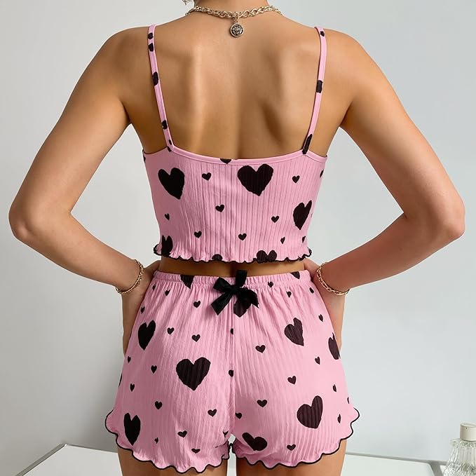 Pink Heart Print Co-Ord Set for Women (Crop Top & Shorts)