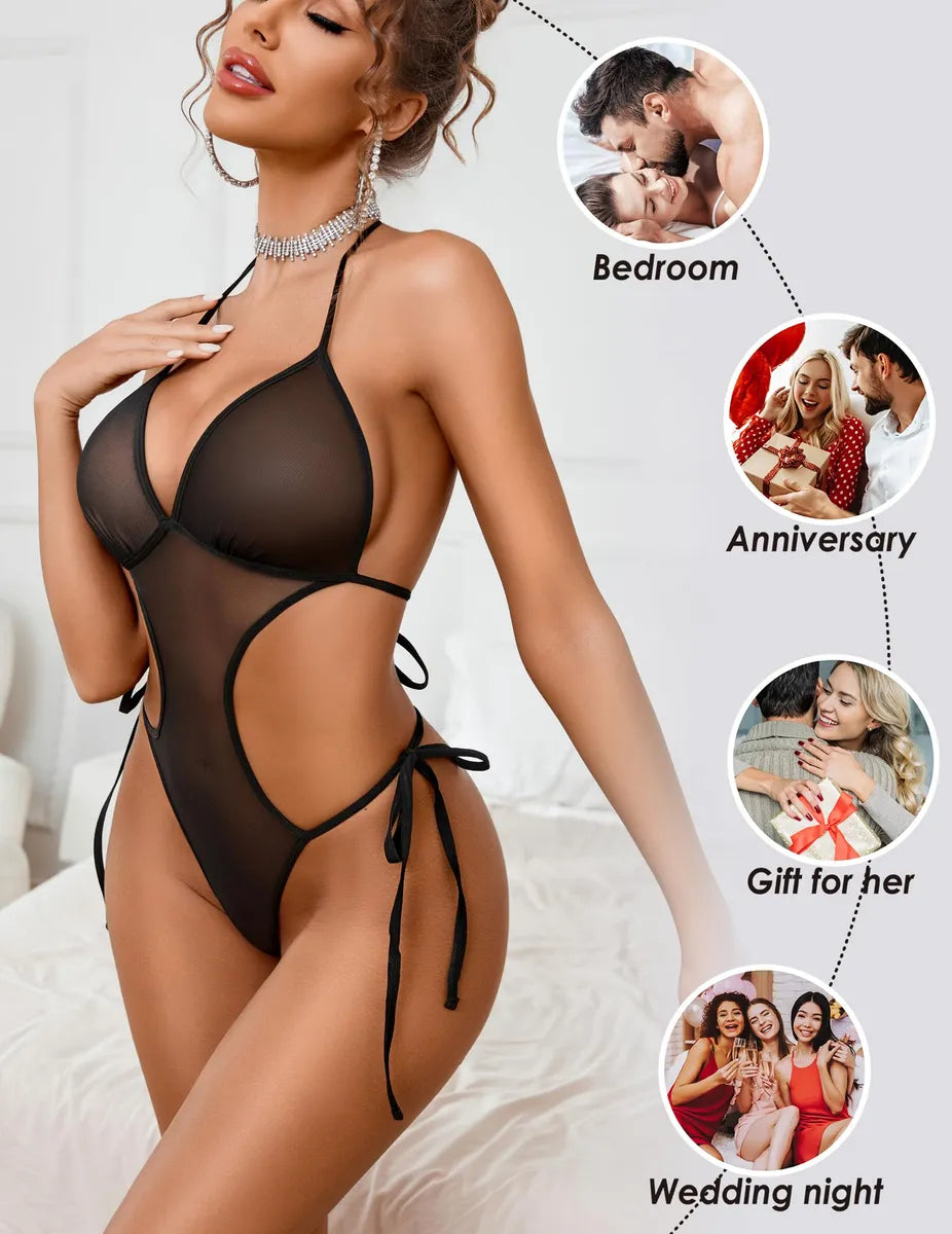 Sultry Halter Mesh Cut-Out Teddy Lingerie Bodysuit