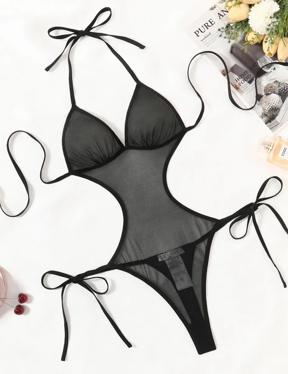 Sultry Halter Mesh Cut-Out Teddy Lingerie Bodysuit