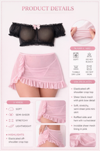 Black Mesh Off-Shoulder Top & Baby Pink skirt Lingerie Set
