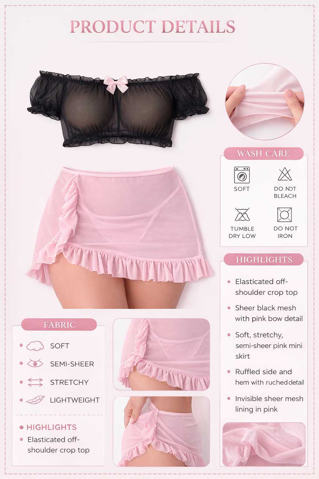 Black Mesh Off-Shoulder Top & Baby Pink skirt Lingerie Set